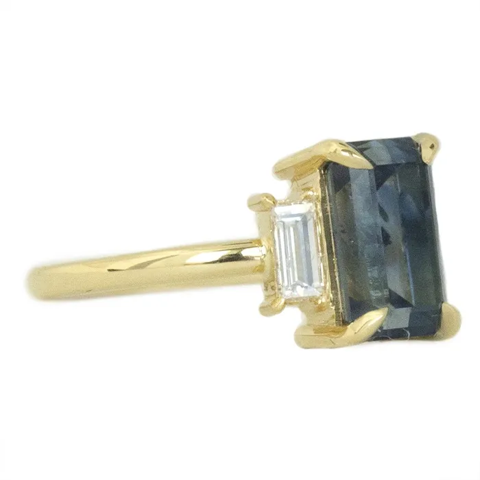 Anueva Jewelry Rings 307ct Emerald Cut GIA Watercolor Blue Montana Sapphire Three Stone Ring with White Baguette Diamonds