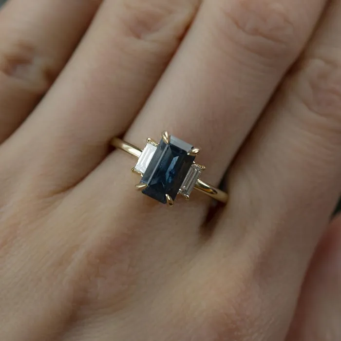 Anueva Jewelry Rings 307ct Emerald Cut GIA Watercolor Blue Montana Sapphire Three Stone Ring with White Baguette Diamonds
