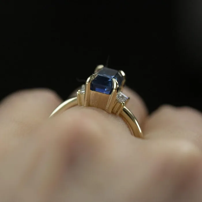 Anueva Jewelry Rings 307ct Emerald Cut GIA Watercolor Blue Montana Sapphire Three Stone Ring with White Baguette Diamonds