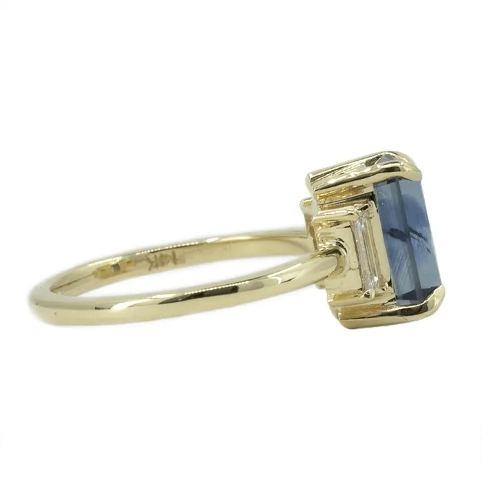 Anueva Jewelry Rings 307ct Emerald Cut GIA Watercolor Blue Montana Sapphire Three Stone Ring with White Baguette Diamonds