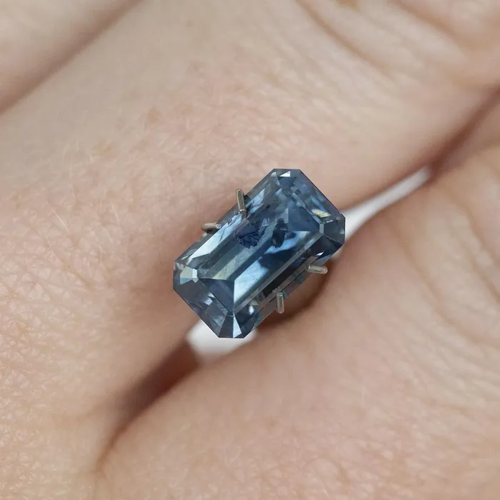 Anueva Jewelry Rings 307ct Emerald Cut GIA Watercolor Blue Montana Sapphire Three Stone Ring with White Baguette Diamonds