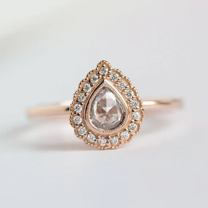 Anueva Jewelry Rings Rose Gold Pear Rosecut Diamond Antique Style Engagement Ring Milgrain detail scalloped diamond halo with bezel set pear by Anueva Jewelry Anueva Jewelry Rings Rose Gold Pear Rosecut Diamond Antique Style Engagement Ring Milgrain detail scalloped diamond halo with bezel set pear by Anueva Jewelry