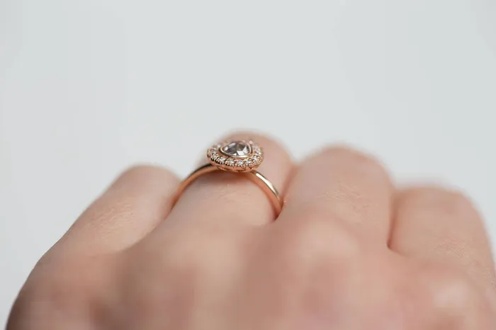 Anueva Jewelry Rings Rose Gold Pear Rosecut Diamond Antique Style Engagement Ring Milgrain detail scalloped diamond halo with bezel set pear by Anueva Jewelry Anueva Jewelry Rings Rose Gold Pear Rosecut Diamond Antique Style Engagement Ring Milgrain detail scalloped diamond halo with bezel set pear by Anueva Jewelry