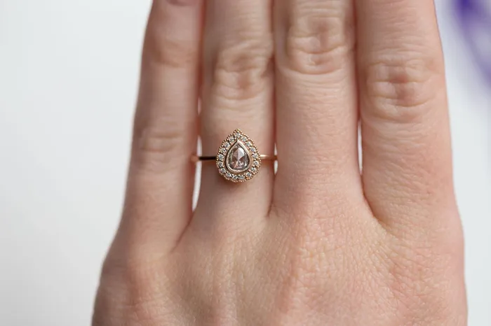 Anueva Jewelry Rings Rose Gold Pear Rosecut Diamond Antique Style Engagement Ring Milgrain detail scalloped diamond halo with bezel set pear by Anueva Jewelry Anueva Jewelry Rings Rose Gold Pear Rosecut Diamond Antique Style Engagement Ring Milgrain detail scalloped diamond halo with bezel set pear by Anueva Jewelry