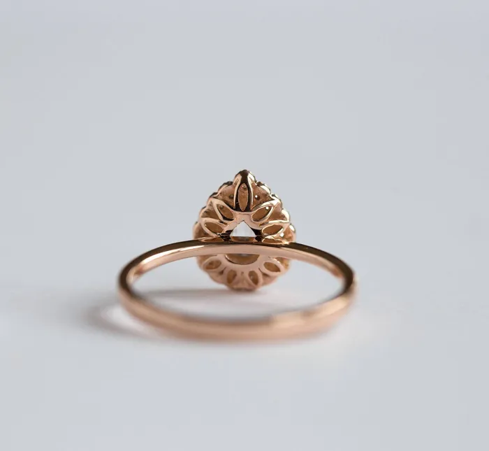 Anueva Jewelry Rings Rose Gold Pear Rosecut Diamond Antique Style Engagement Ring Milgrain detail scalloped diamond halo with bezel set pear by Anueva Jewelry Anueva Jewelry Rings Rose Gold Pear Rosecut Diamond Antique Style Engagement Ring Milgrain detail scalloped diamond halo with bezel set pear by Anueva Jewelry