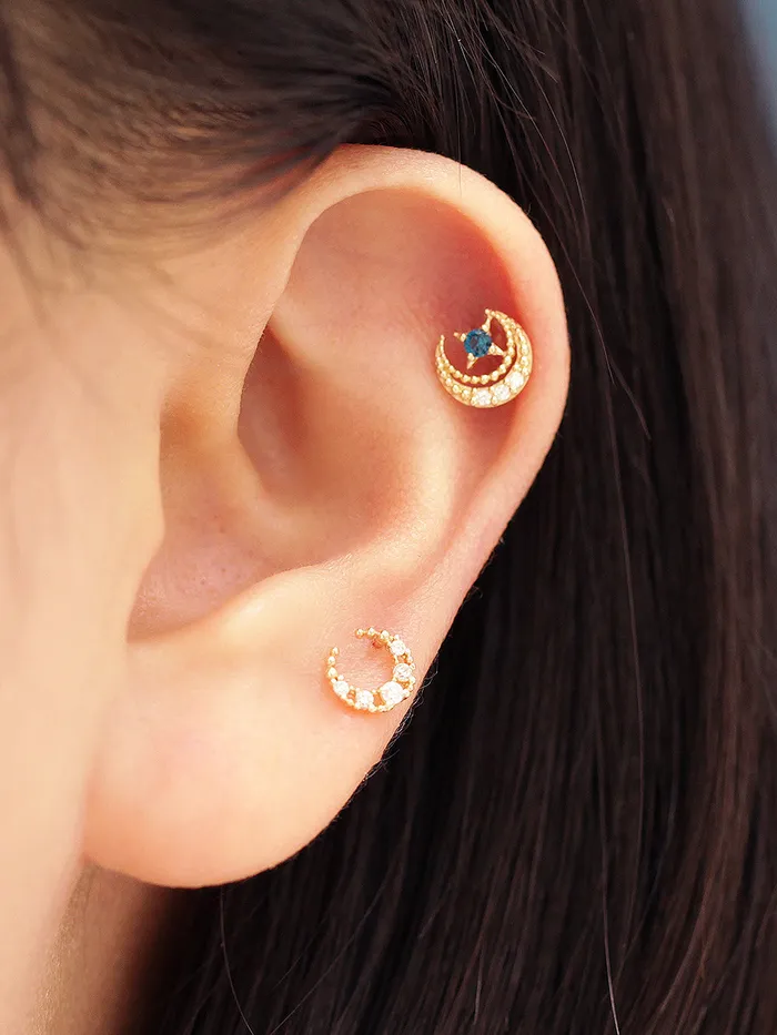 Earrings 14K Gold Antique Cubic Moon Cartilage Earring 20G MinimalBijoux