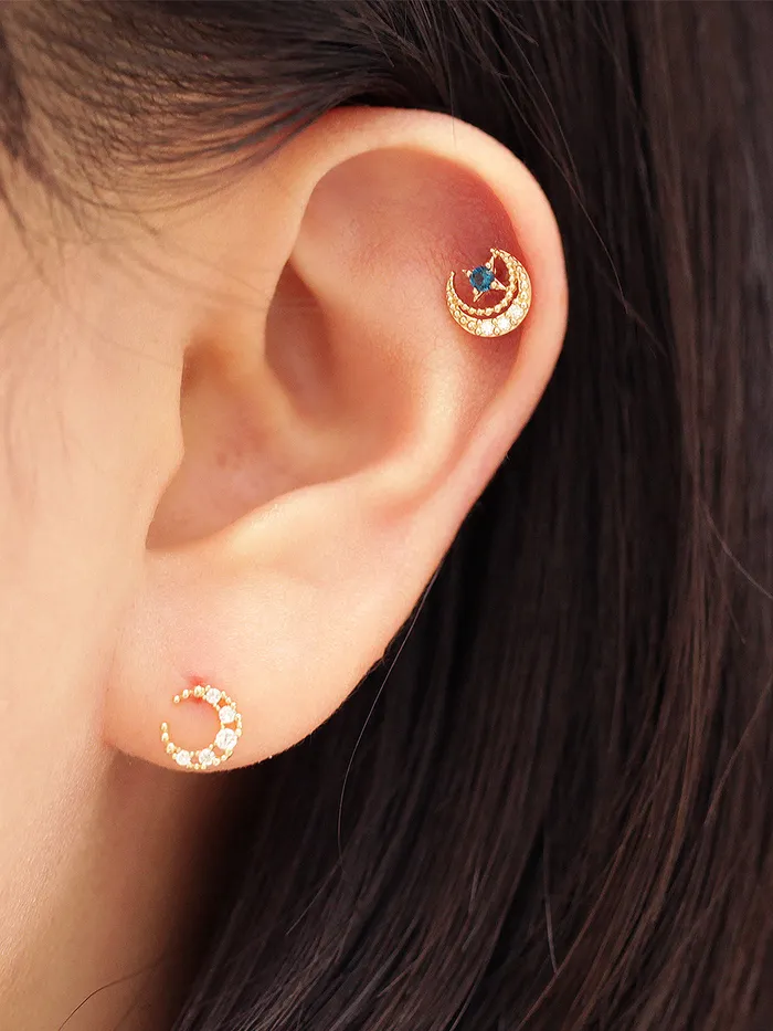 Earrings 14K Gold Antique Cubic Moon Cartilage Earring 20G MinimalBijoux