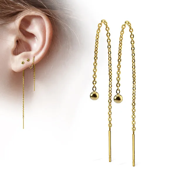 Earrings Gold Free Fall Ball Bar Chain Earrings Tulsa Body Jewelry
