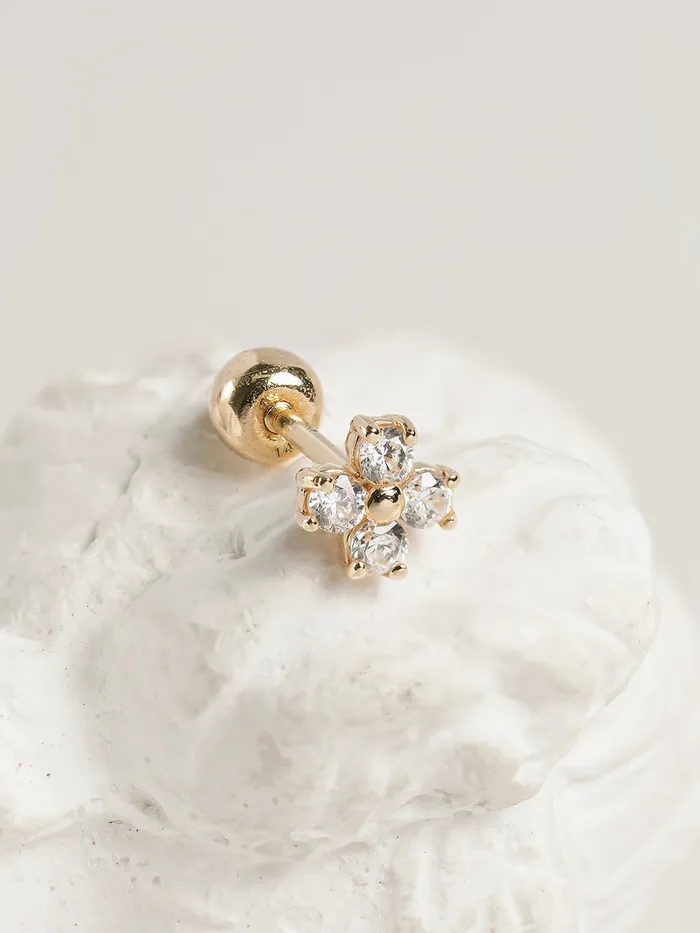 Earrings MinimalBijoux 14K Gold Moissanite Four Petals Flower Cartilage Earring 20G18G16G