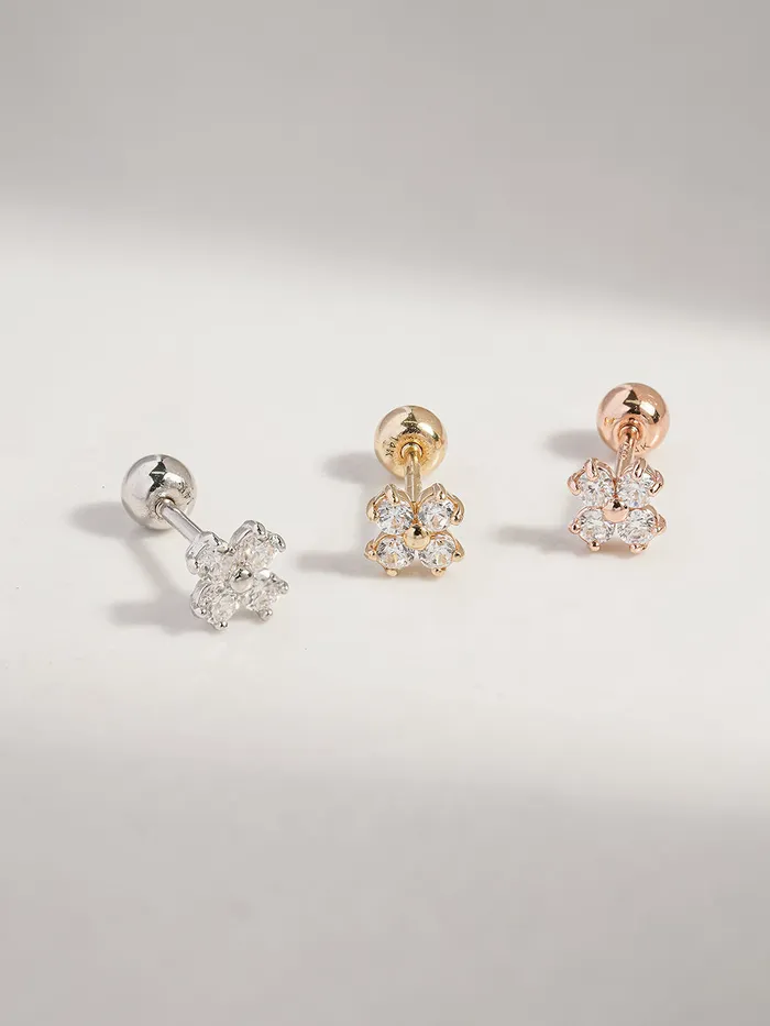 Earrings MinimalBijoux 14K Gold Moissanite Four Petals Flower Cartilage Earring 20G18G16G