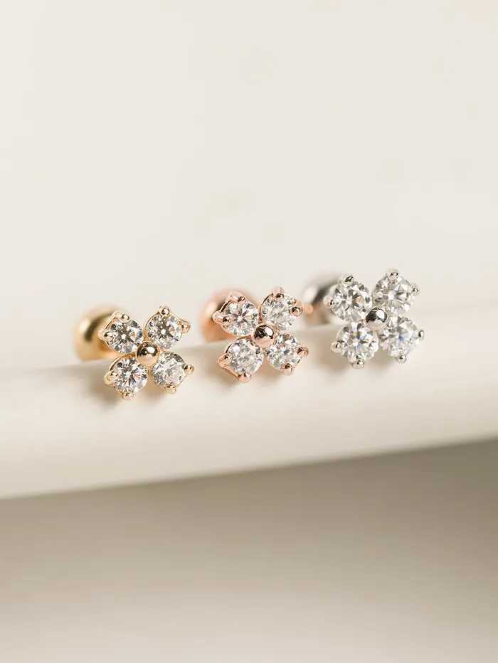 Earrings MinimalBijoux 14K Gold Moissanite Four Petals Flower Cartilage Earring 20G18G16G