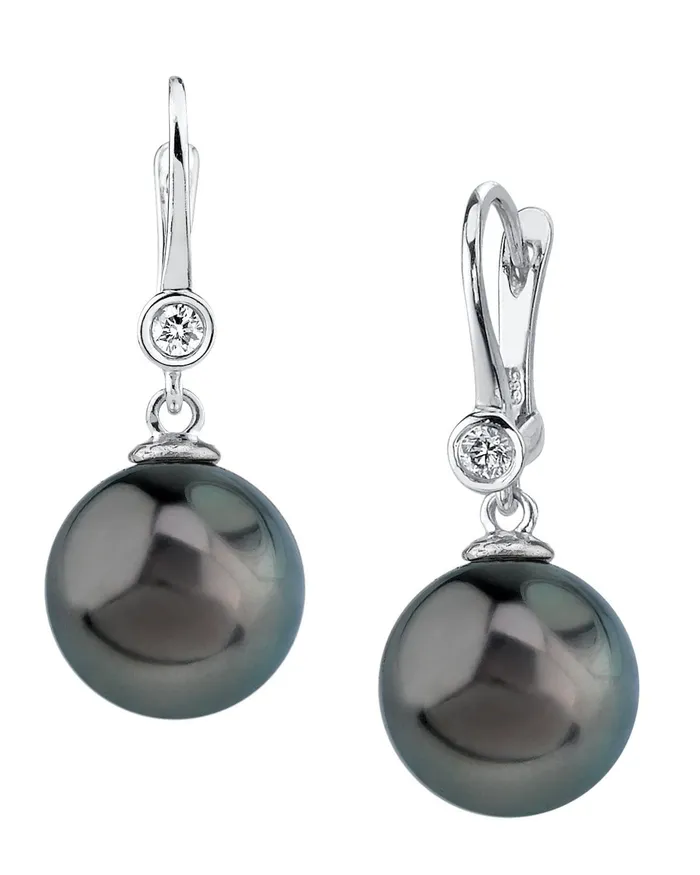 Earrings SPT Black Tahitian Pearl Diamond Bezel Dangle Earrings