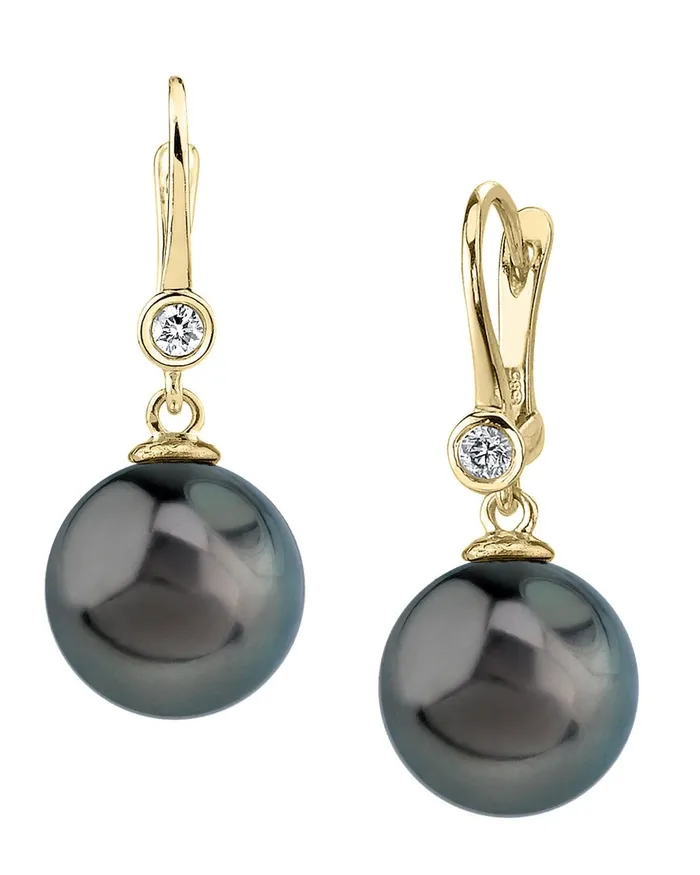 Earrings SPT Black Tahitian Pearl Diamond Bezel Dangle Earrings