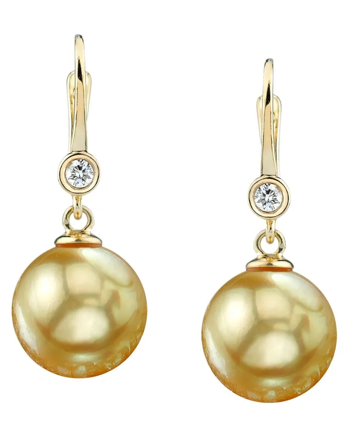 Earrings SPT Golden South Sea Pearl Diamond Bezel Dangle Earrings
