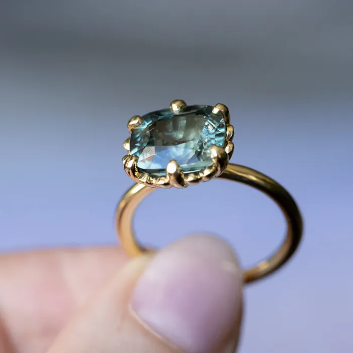 GIA 447ct Color Shifting Elongated Cushion Cup Sapphire Scallop Cup EastWest Solitaire in 18k Yellow Gold Nashan PreStyled Sets