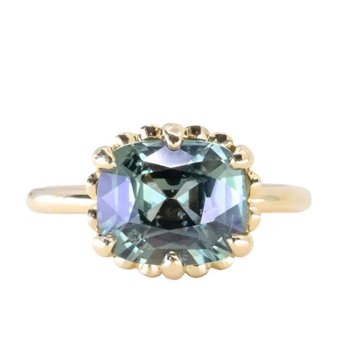 GIA 447ct Color Shifting Elongated Cushion Cup Sapphire Scallop Cup EastWest Solitaire in 18k Yellow Gold Nashan PreStyled Sets