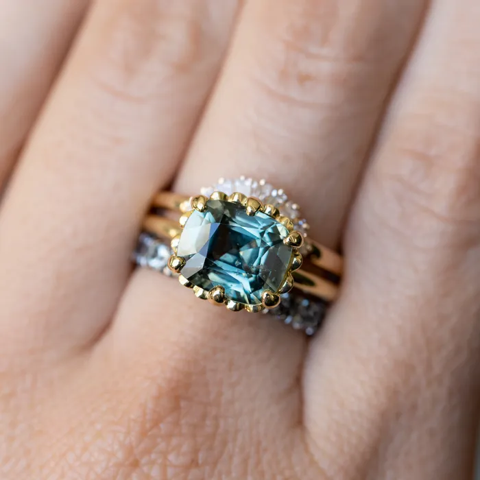 GIA 447ct Color Shifting Elongated Cushion Cup Sapphire Scallop Cup EastWest Solitaire in 18k Yellow Gold Nashan PreStyled Sets
