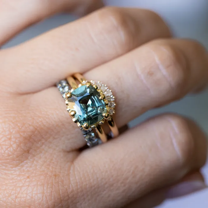 GIA 447ct Color Shifting Elongated Cushion Cup Sapphire Scallop Cup EastWest Solitaire in 18k Yellow Gold Nashan PreStyled Sets