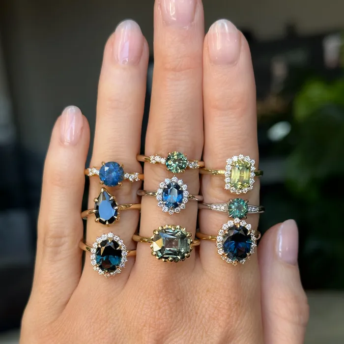 GIA 447ct Color Shifting Elongated Cushion Cup Sapphire Scallop Cup EastWest Solitaire in 18k Yellow Gold Nashan PreStyled Sets