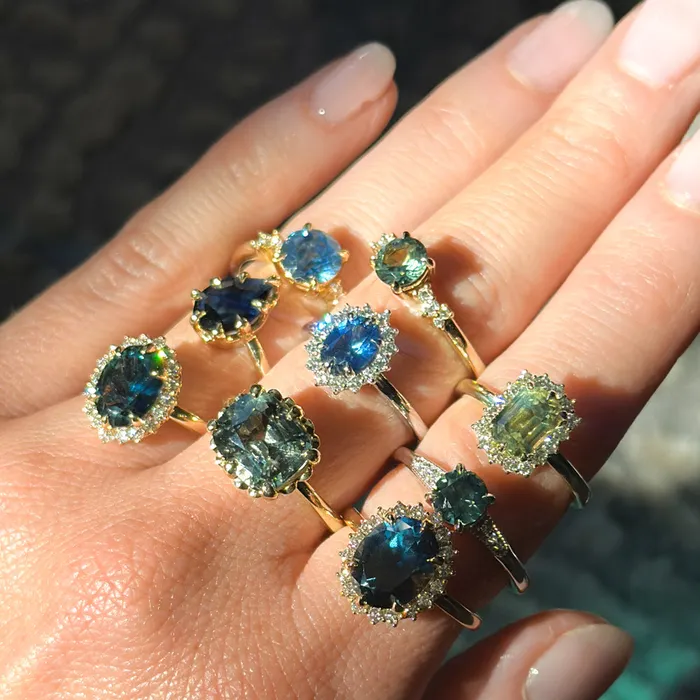 GIA 447ct Color Shifting Elongated Cushion Cup Sapphire Scallop Cup EastWest Solitaire in 18k Yellow Gold Nashan PreStyled Sets