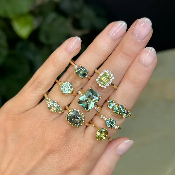 GIA 447ct Color Shifting Elongated Cushion Cup Sapphire Scallop Cup EastWest Solitaire in 18k Yellow Gold Nashan PreStyled Sets