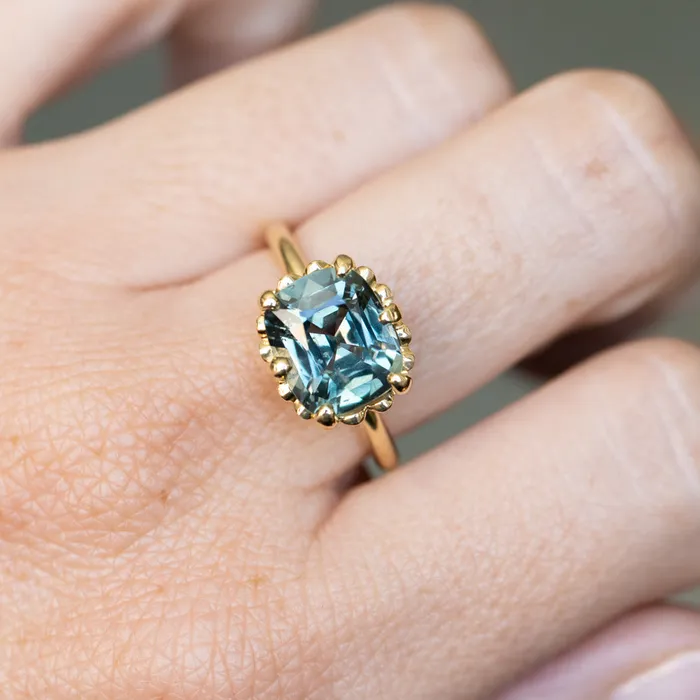 GIA 447ct Color Shifting Elongated Cushion Cup Sapphire Scallop Cup EastWest Solitaire in 18k Yellow Gold Nashan PreStyled Sets