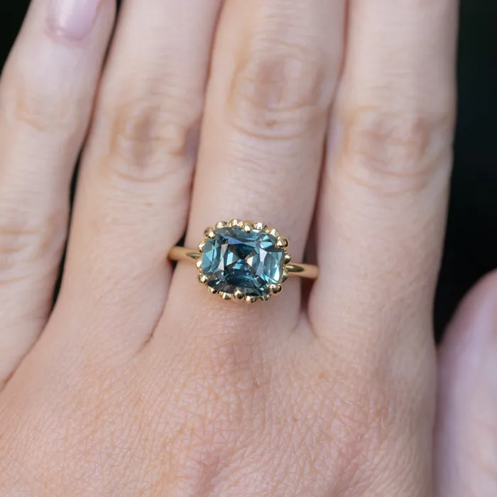 GIA 447ct Color Shifting Elongated Cushion Cup Sapphire Scallop Cup EastWest Solitaire in 18k Yellow Gold Nashan PreStyled Sets