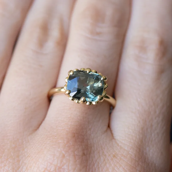 GIA 447ct Color Shifting Elongated Cushion Cup Sapphire Scallop Cup EastWest Solitaire in 18k Yellow Gold Nashan PreStyled Sets