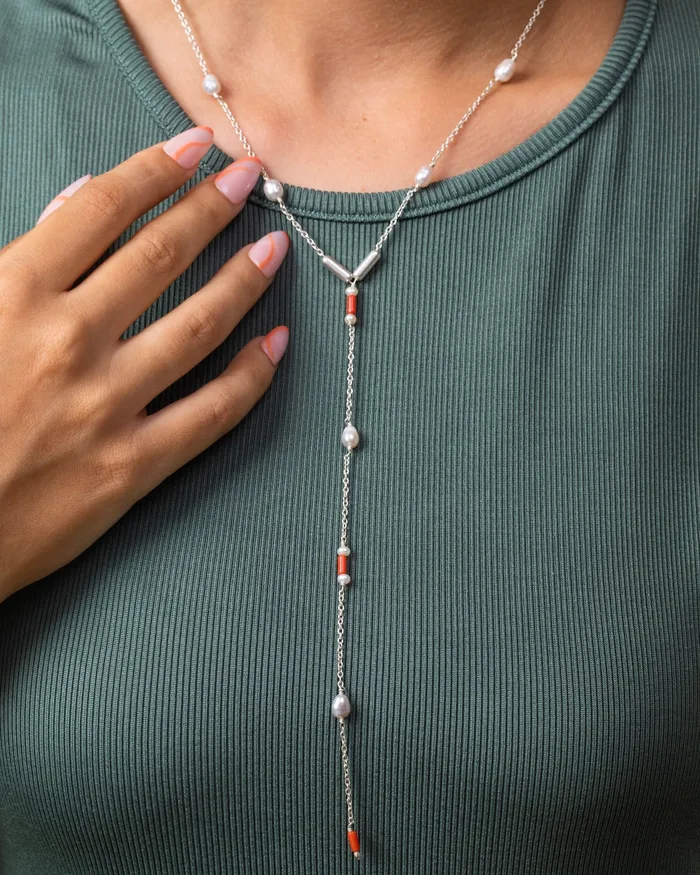 KOAY Silver Store Coral And Pearl Stones Necklace Necklaces