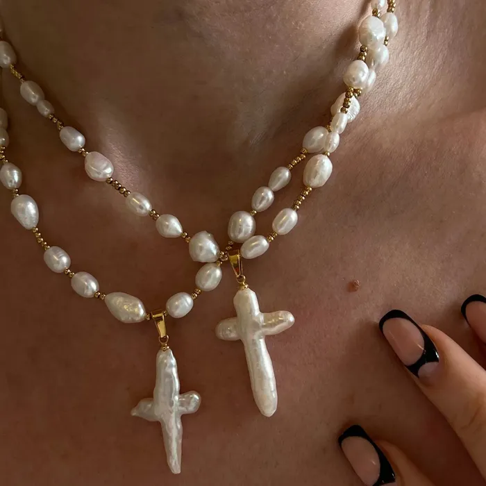 Mabel Love Co Baroque Pearl Cross Necklace Necklaces