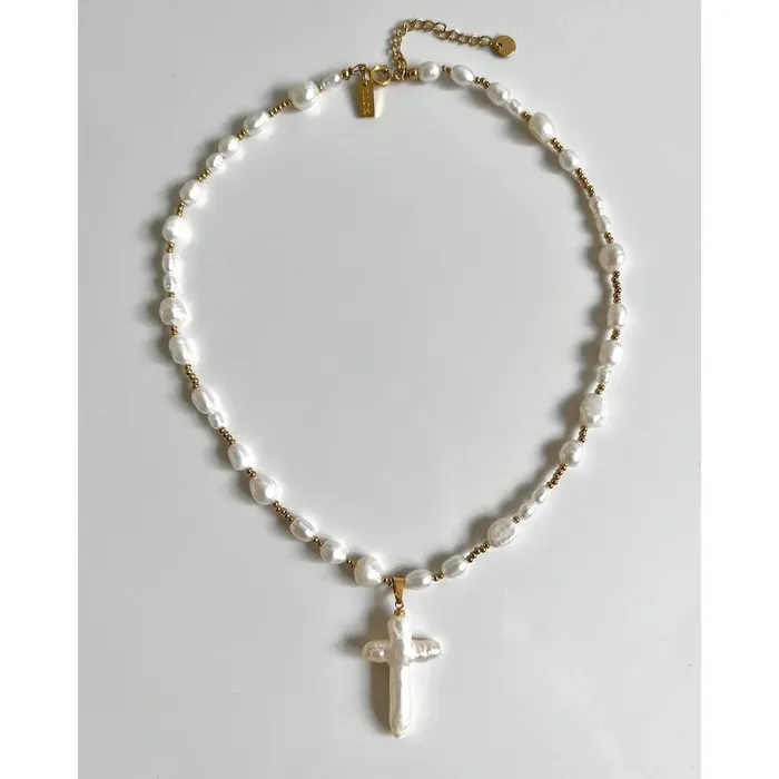 Mabel Love Co Baroque Pearl Cross Necklace Necklaces