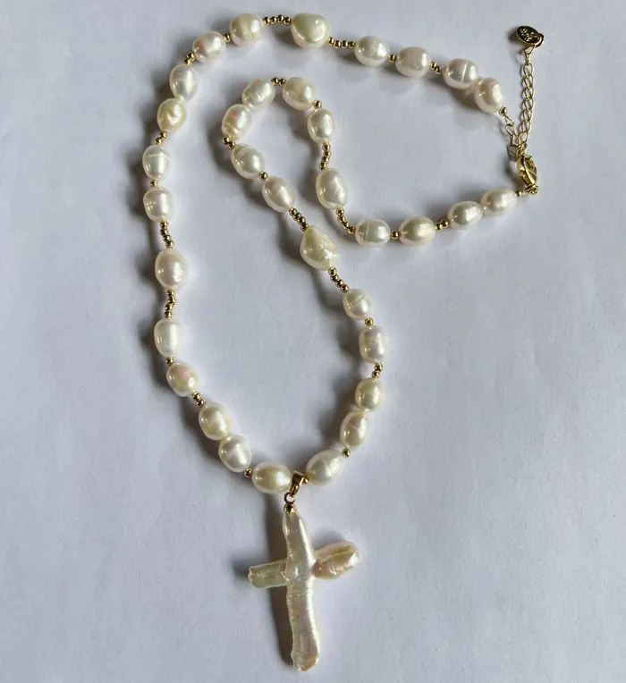 Mabel Love Co Baroque Pearl Cross Necklace Necklaces