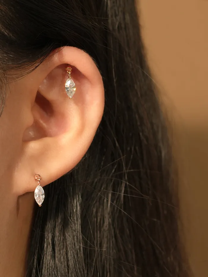 MinimalBijoux Earrings 14K Gold Point Boat Cubic Drop Internally Threaded Labret Piercing 20G18G16G