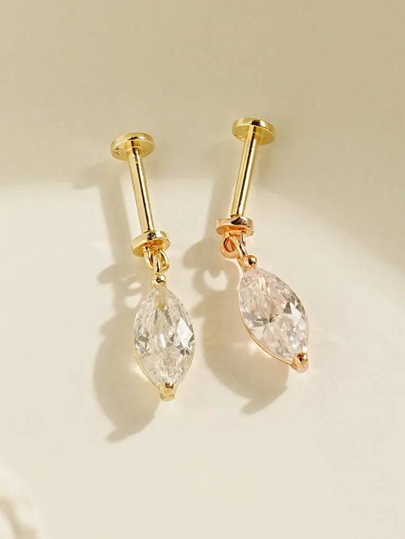 MinimalBijoux Earrings 14K Gold Point Boat Cubic Drop Internally Threaded Labret Piercing 20G18G16G