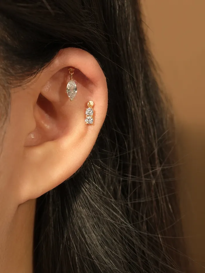 MinimalBijoux Earrings 14K Gold Point Boat Cubic Drop Internally Threaded Labret Piercing 20G18G16G
