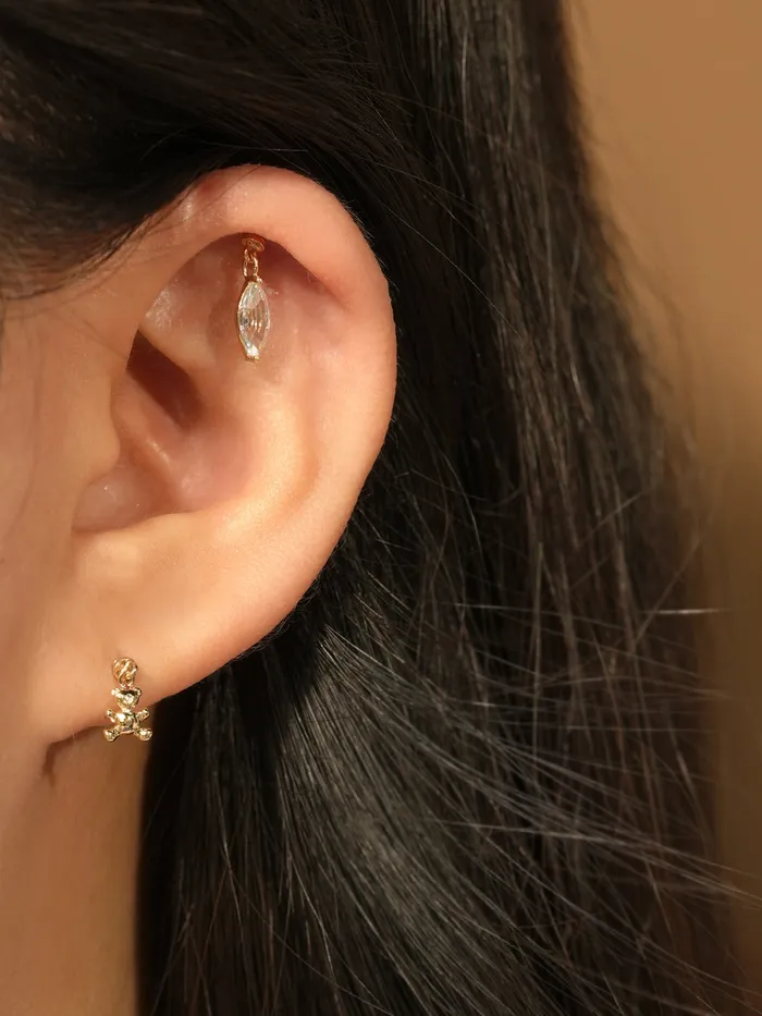 MinimalBijoux Earrings 14K Gold Point Boat Cubic Drop Internally Threaded Labret Piercing 20G18G16G