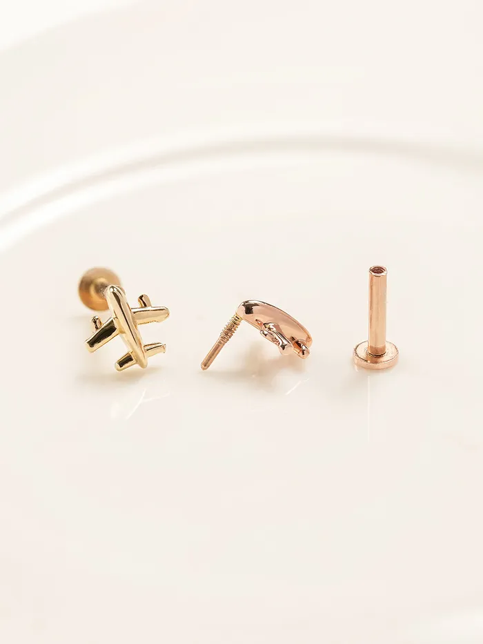 MinimalBijoux PreStyled Sets 14K Gold Mini Airplane Internally Threaded Labret Piercing 18G16G