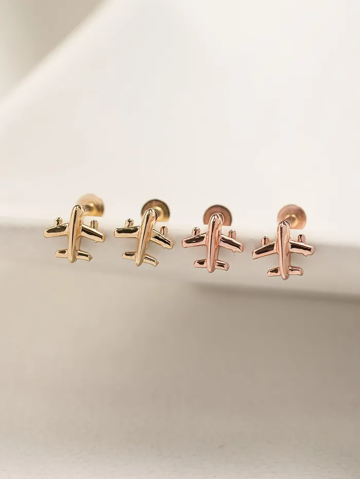 MinimalBijoux PreStyled Sets 14K Gold Mini Airplane Internally Threaded Labret Piercing 18G16G