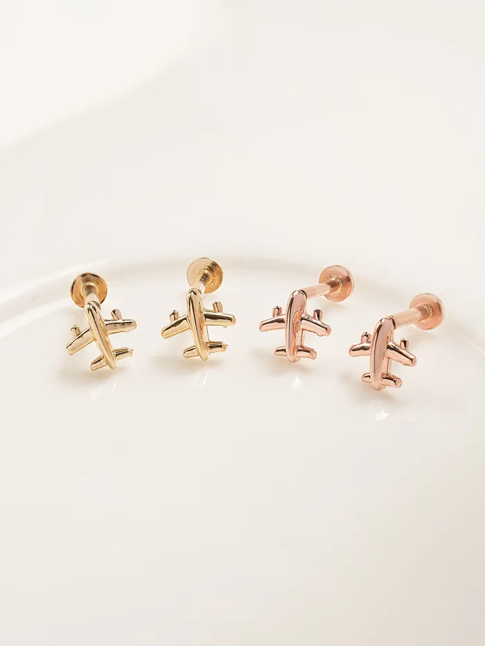 MinimalBijoux PreStyled Sets 14K Gold Mini Airplane Internally Threaded Labret Piercing 18G16G