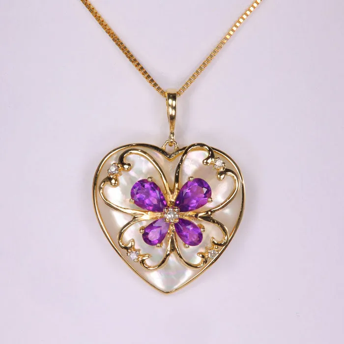 Moriartys Gem Art Necklaces 14K Yellow Gold Mabe Pearl Heart Pendant with Amethyst and Diamond Accents Moriartys Gem Art Necklaces 14K Yellow Gold Mabe Pearl Heart Pendant with Amethyst and Diamond Accents