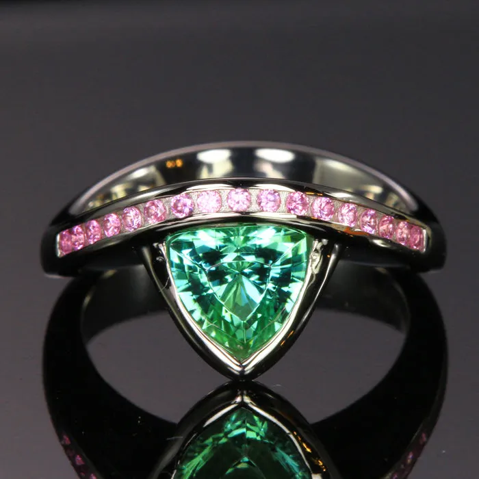 Moriartys Gem Art Rings 14K Whte Gold Green Trilliant Tourmaline Ring with Pink Sapphires Moriartys Gem Art Rings 14K Whte Gold Green Trilliant Tourmaline Ring with Pink Sapphires
