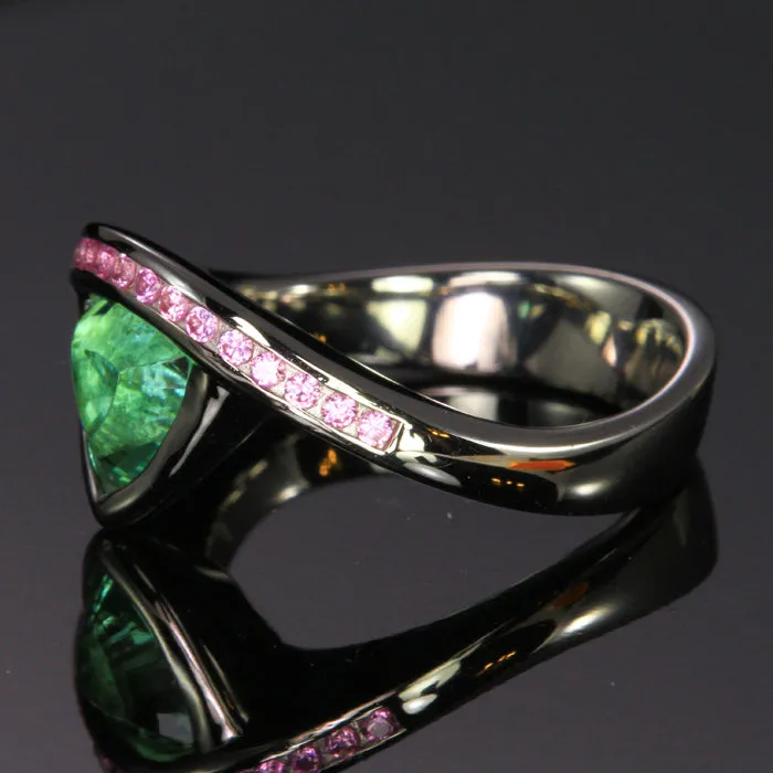 Moriartys Gem Art Rings 14K Whte Gold Green Trilliant Tourmaline Ring with Pink Sapphires