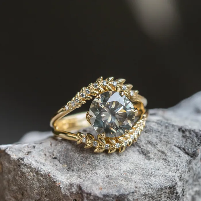 Rings 301ct Round Grey Diamond Double Curved Vine Prong Set Ring in 18k yellow gold Anueva Jewelry