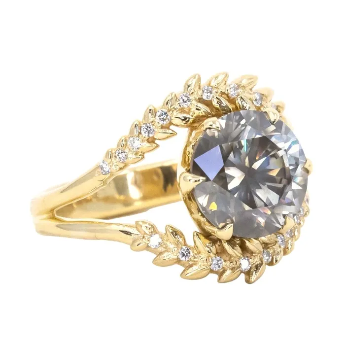 Rings 301ct Round Grey Diamond Double Curved Vine Prong Set Ring in 18k yellow gold Anueva Jewelry