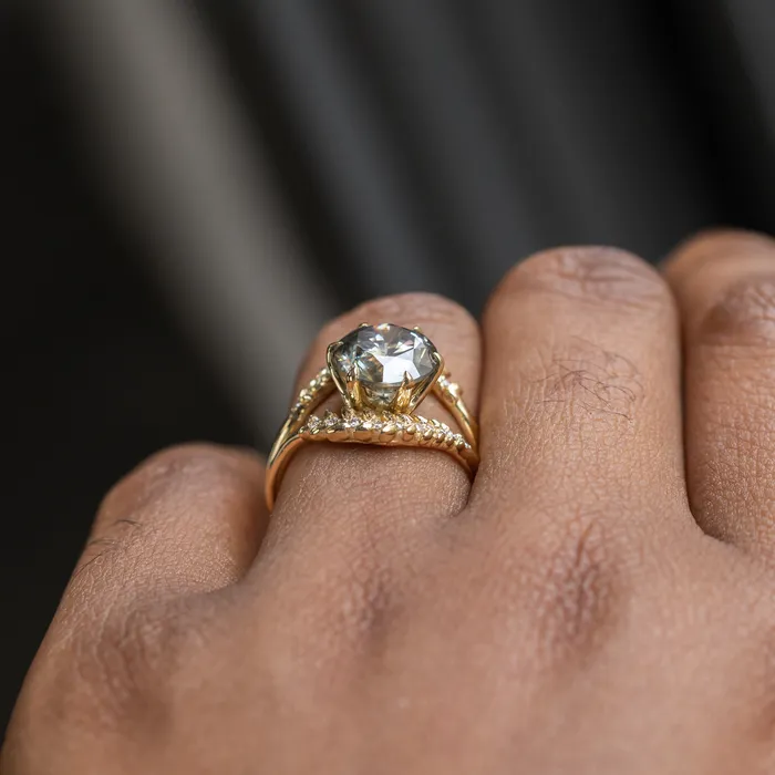 Rings 301ct Round Grey Diamond Double Curved Vine Prong Set Ring in 18k yellow gold Anueva Jewelry