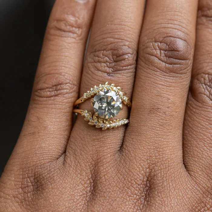 Rings 301ct Round Grey Diamond Double Curved Vine Prong Set Ring in 18k yellow gold Anueva Jewelry