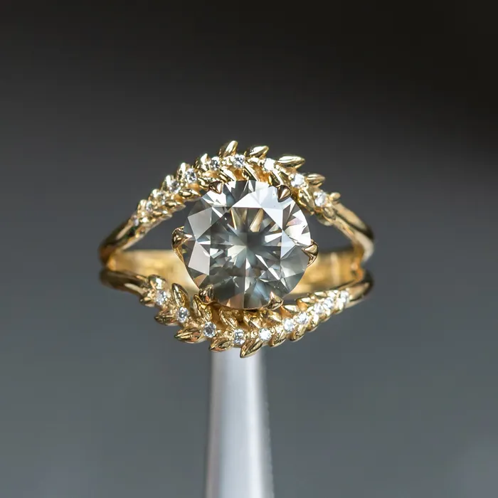 Rings 301ct Round Grey Diamond Double Curved Vine Prong Set Ring in 18k yellow gold Anueva Jewelry
