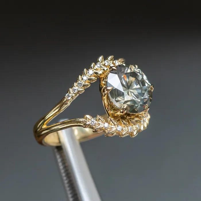 Rings 301ct Round Grey Diamond Double Curved Vine Prong Set Ring in 18k yellow gold Anueva Jewelry