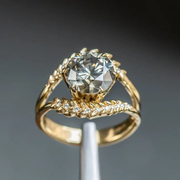 Rings 301ct Round Grey Diamond Double Curved Vine Prong Set Ring in 18k yellow gold Anueva Jewelry
