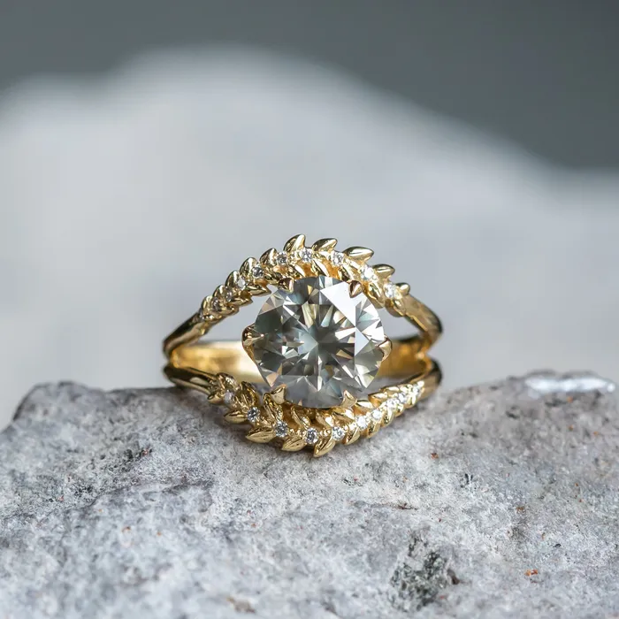 Rings 301ct Round Grey Diamond Double Curved Vine Prong Set Ring in 18k yellow gold Anueva Jewelry